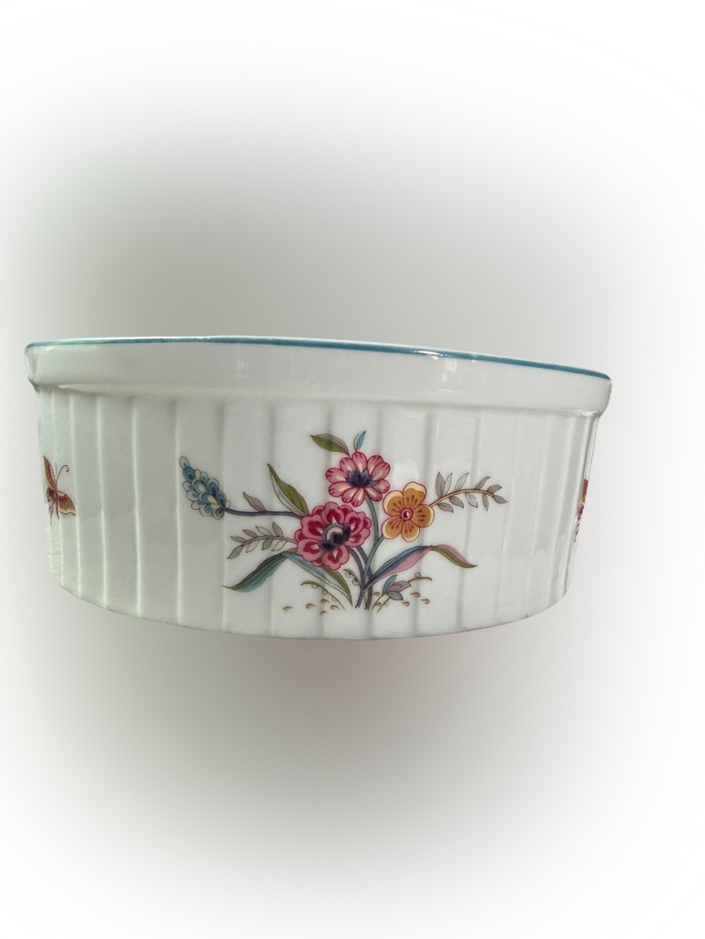 White Floral Ceramic Baking Dish with Blue Trim